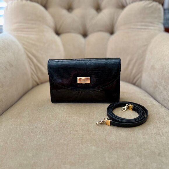 Auth. SUAREZ Italy Genuine Karung Lizard Black MINAUDIÈRE Bag - Picture 1 of 6